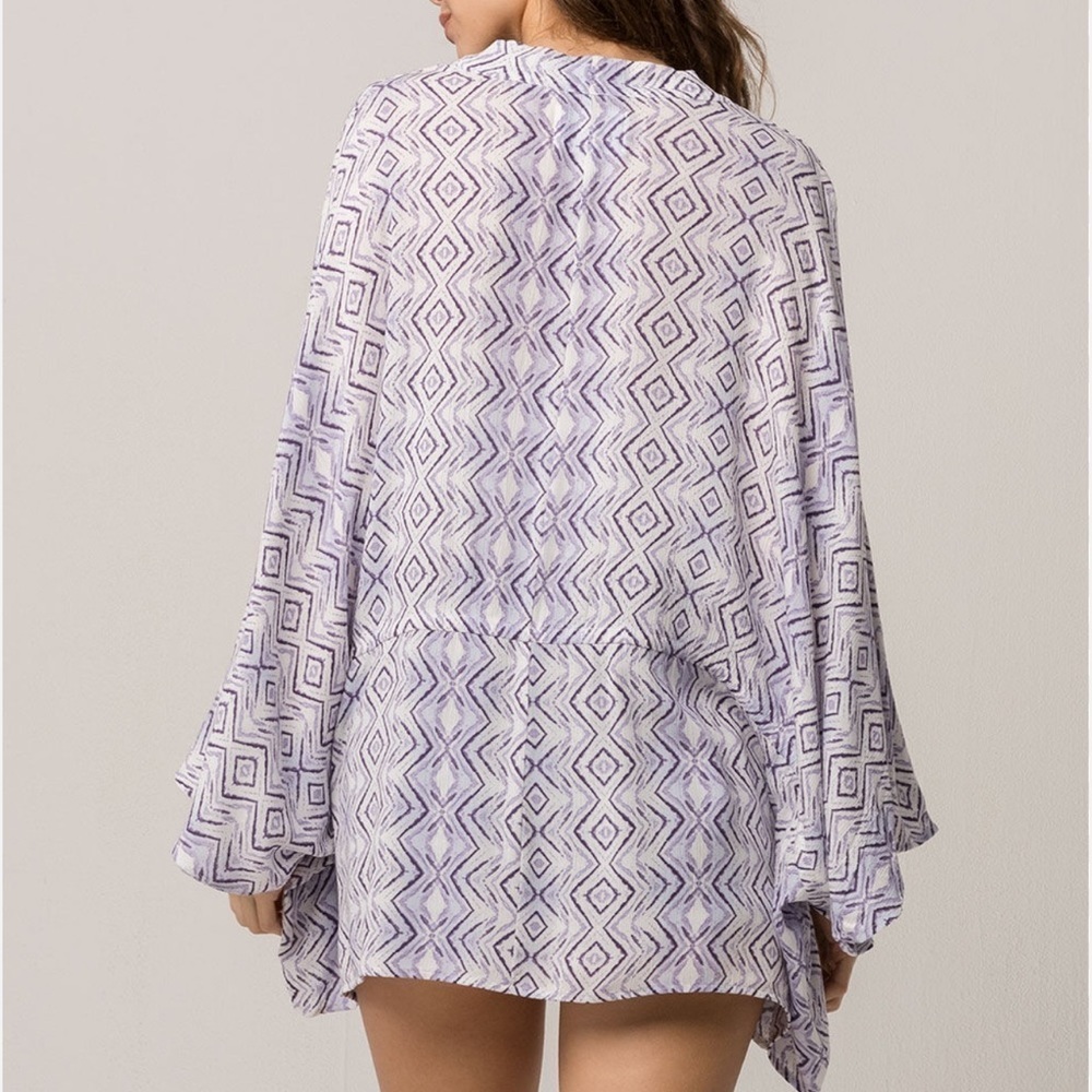 Others Follow Purple & White Tribal Print Tie Front Kimono Top Sw Coverup XS
